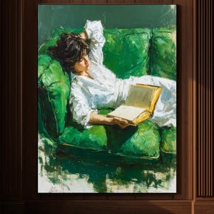 May include: An oil painting depicts a person reclining on a vibrant green sofa, engrossed in a book. The person is wearing a white garment. The artwork is rich in texture and color, with visible brushstrokes. The overall theme is relaxation and leisure.