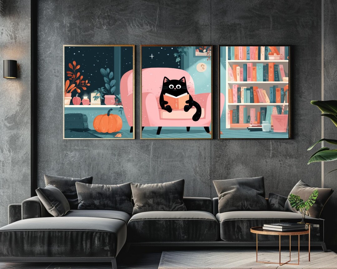 Cute Cat Wall Art Set, Cozy Reading Decor, Whimsical Cat Poster, Kids ...