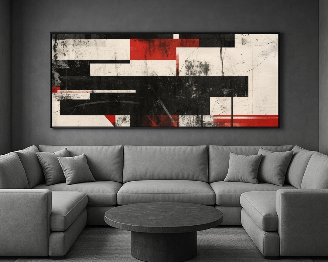 Large Abstract Wall Art, Black White Red Modern Minimalist Painting ...