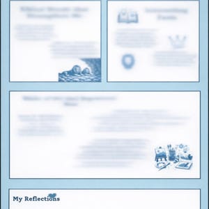 May include: A light blue informational poster with the title "DANIEL" at the top. The poster features several sections with text and illustrations, including lions and art supplies. The words "My Reflections" are visible.