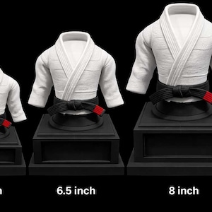 Op de afbeelding: Drie witte vechtsport gi-trofeeën met zwarte banden en sokkels. De trofeeën zijn 12,7, 16,5 en 20,3 cm hoog. De zwarte banden hebben een rode streep aan het uiteinde. Op een zwarte achtergrond.