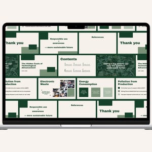 Puede incluir: Una pantalla de portátil muestra una presentación con un diseño verde y blanco. Las diapositivas cubren temas como los residuos electrónicos, el consumo de energía y la contaminación de la producción. El texto incluye "Gracias", "Contenido" y "Uso responsable + conciencia".