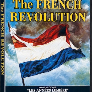 May include: A DVD case for the film The French Revolution, featuring a large tricolor flag in red, white, and blue against a cloudy sky. The title is printed in bold yellow letters, with cast and production credits listed in white text.