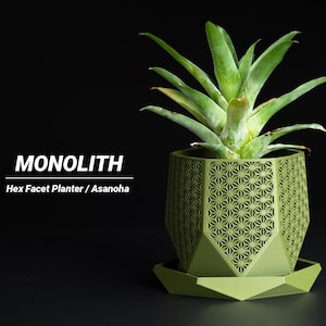 Puede incluir: Una maceta geométrica verde con un platillo a juego contiene una planta verde con hojas largas y puntiagudas. La maceta tiene un patrón de estrella repetido. La palabra "MONOLITH" está encima del texto "Hex Facet Planter / Asanoha" sobre un fondo negro.