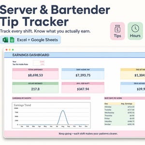 May include: A digital Server & Bartender Tip Tracker spreadsheet for Excel and Google Sheets. The dashboard displays earnings, hours worked, tax set-aside, and take-home pay. It includes an earnings trend line graph and a table of best days to work.