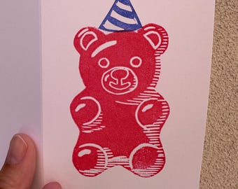 Birthday Gummy Bear - Mini Linocut Greeting Card