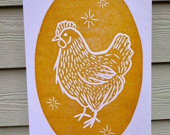 Gallina enmarcada ovalada - Grabado en linóleo