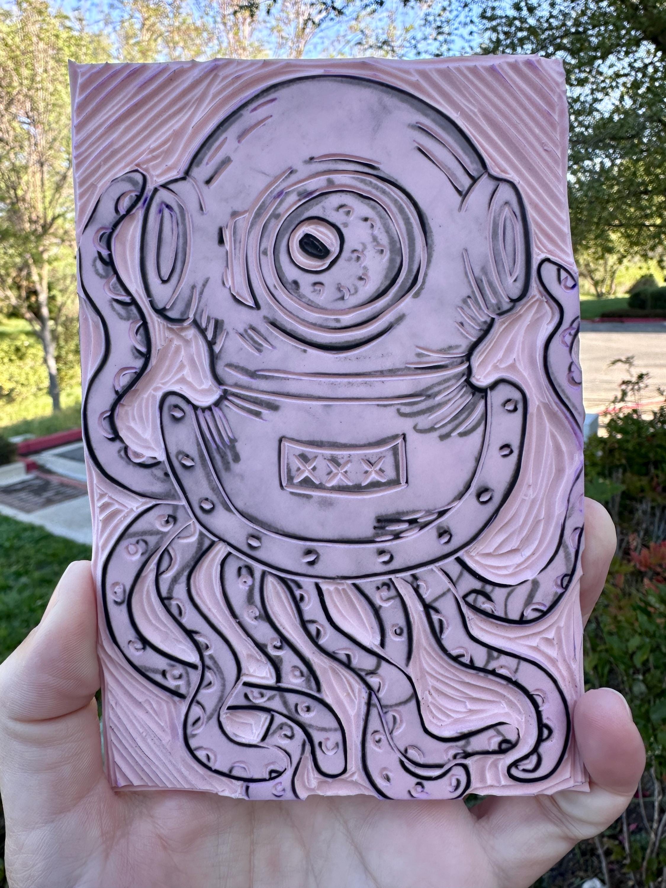Octopus in A Diver Helmet Linocut Print - Etsy
