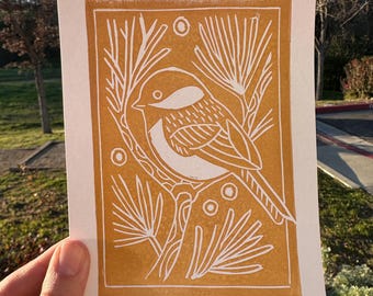 Chickadee - Linocut Print 5x7