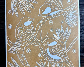 8 x 10 Chickadee Trio linosnede print