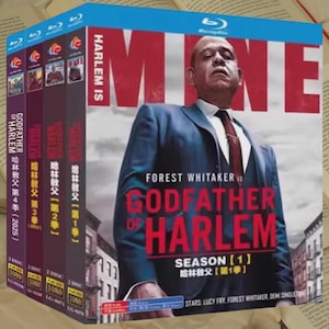 May include: Blu-ray box set of "Godfather of Harlem" Season 1, starring Forest Whitaker. The box set includes multiple discs and the text "Harlem Is Mine". The cover art shows a man in a suit and tie.