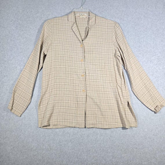 Eileen Fisher, VTG 90s Eileen Fisher Plaid Button Down Shirt Tan Beige Windowpane Gorpcore L