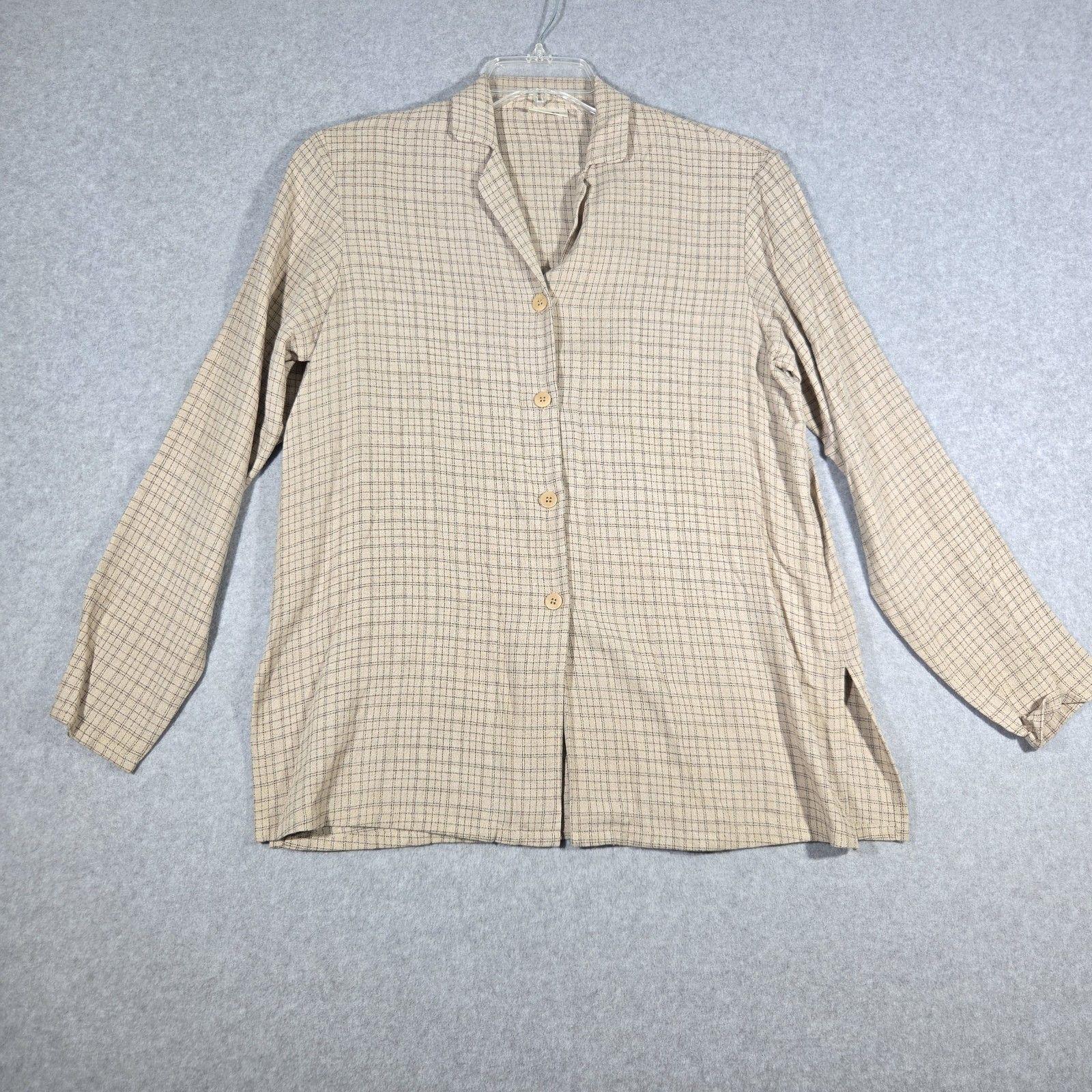 Eileen Fisher, VTG 90s Eileen Fisher Plaid Button Down Shirt Tan Beige Windowpane Gorpcore L