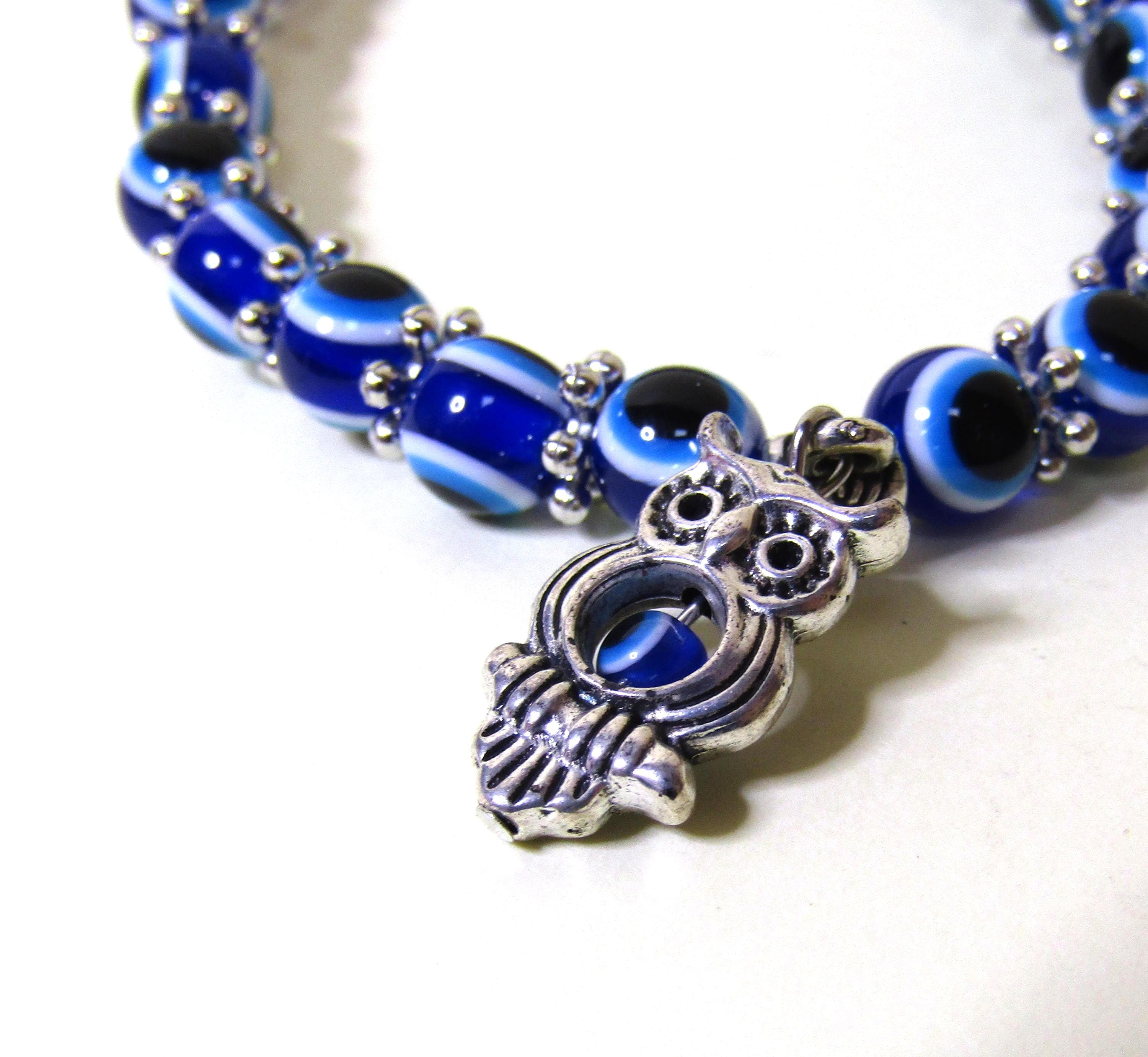 Blue Evil Eye bracelets with Hamsa and Owl Charms – Beaded stretch - set of two.