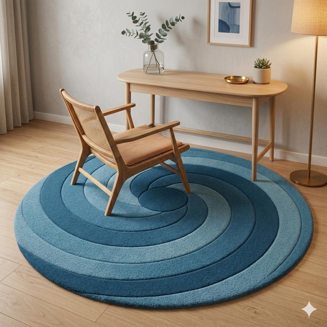 Modern Blue Round Hand Tufted Rug, Abstract Swirl Wool Carpet, Luxury ...