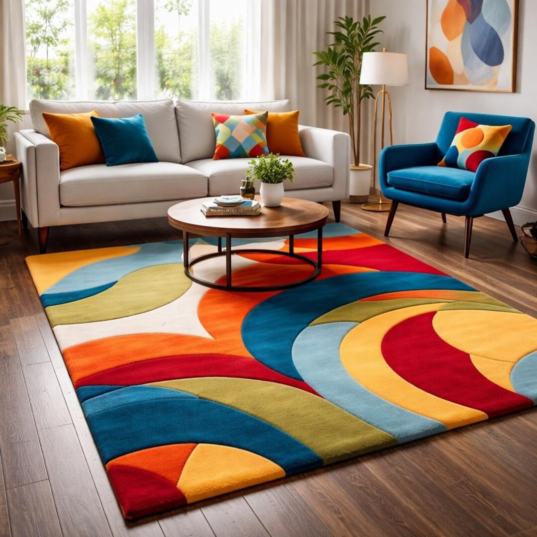 Colorful Abstract Modern Area Rug | Geometric Rainbow Carpet | Living ...