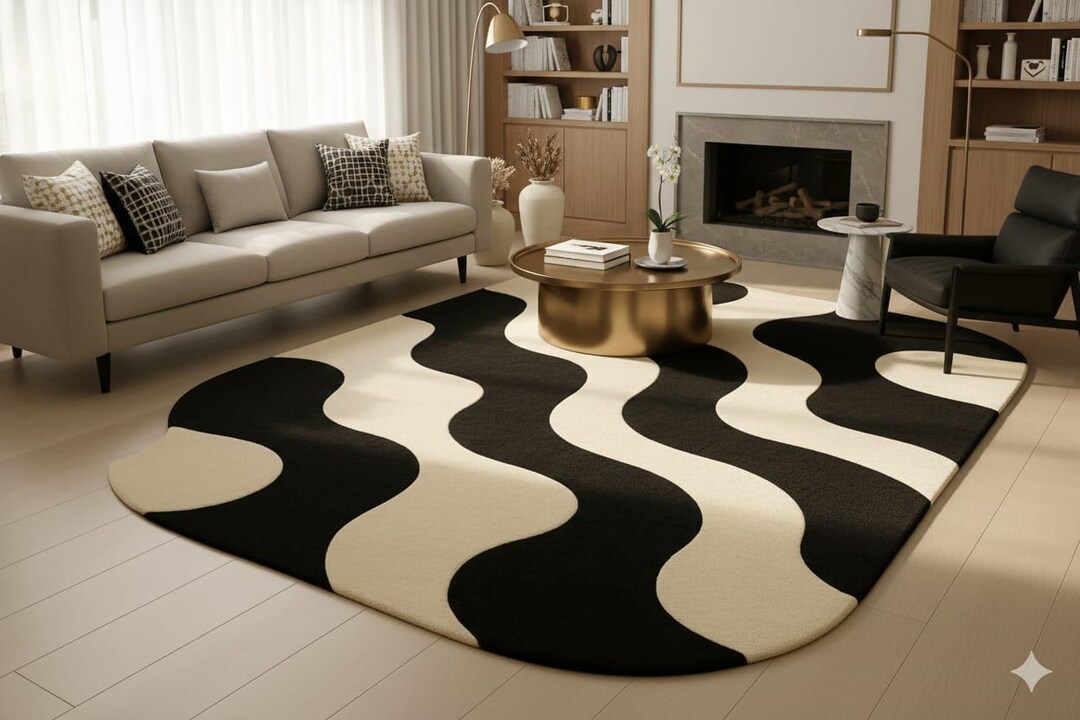 Ivory Bobble Rug Hand Tufted Wool Rug | Black and Ivory Wavy Pattern - Etsy