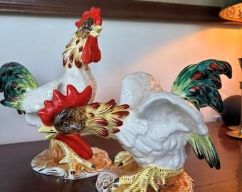 Pair of Vintage Italian Hand-Painted Ceramic Roosters