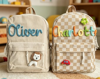 Custom Toddler Backpack with Yarn Name, Personalised Corduroy Kids Backpack, Embroidered Kindy Daycare Bag,Back to School Gift for Baby Girl