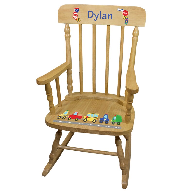 Boys Cars Trucks Rocking Chair Personalized Childs Natural Image 0