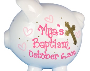 Girls Baptism Piggy Bank Hand Painted Personalized White Ceramic Piggy Banks Customized w Cross & Christening Date Baby Girl PIGG-BAPTG