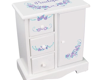 Personalized Girls Jewelry Armoire Lavender Floral Garland Purple Lilac Jewelry Box Boxes with drawers White Wood Design jewee-whi-319d