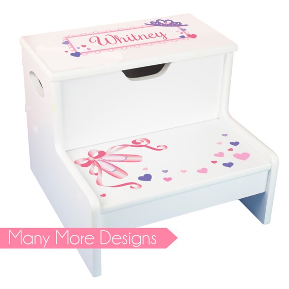 Girls Personalized Step Stool With Storage Childs Pink Stools Toddlers Baby Girl Gift Bath Room Bathroom Bed Whi