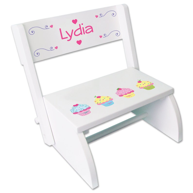 Girls Personalized Cupcake Stool Custom Cup Cake STEP Stool Birthday Gift Child/'s Nursery Bed Room Kitchen Baking Baker Cakes STOO-whi-318
