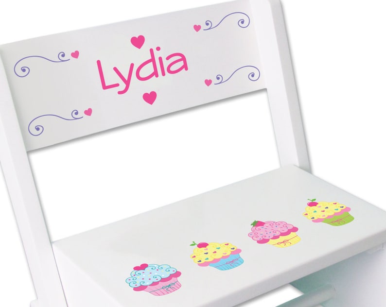 Girls Personalized Cupcake Stool Custom Cup Cake STEP Stool Birthday Gift Child/'s Nursery Bed Room Kitchen Baking Baker Cakes STOO-whi-318
