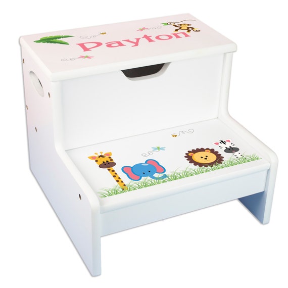 Kids Personalized Jungle Animal Step Stool childrens Storage Etsy