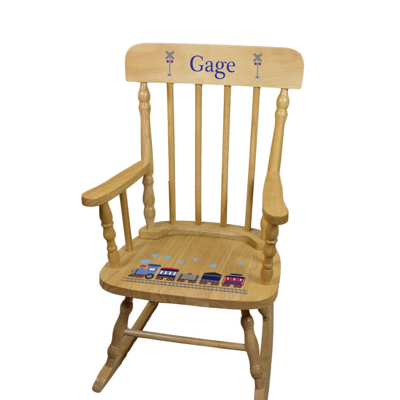 Personalized Train Rocking Chair Boys Custom Rocker Childrens Chairs W Trains Toddlers Baby Custom Natural Wood Nursery Baby Spin Nat202