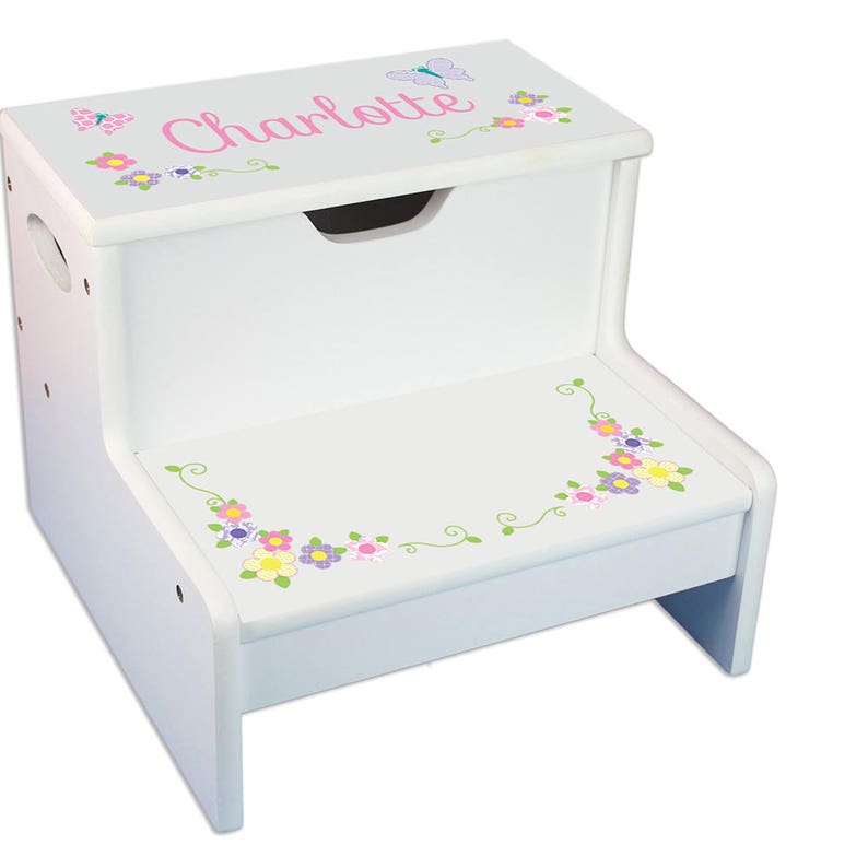 Personalized Pastel Butterfly Garland White Childrens STEP Stool with Storage Light Lavender Pastel Pink Pinks Purple Floral STEP-whi-304b