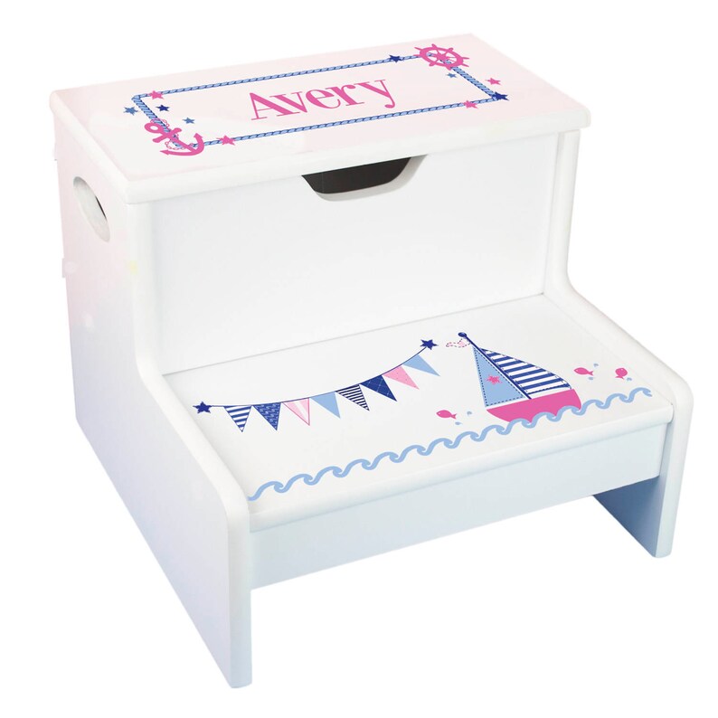 Girls Personalized Sailboat Step Stool With Storage Pink Navy Blue Anchor Great For Nautical Bathrooms Stools Sail Boat Whi 201b