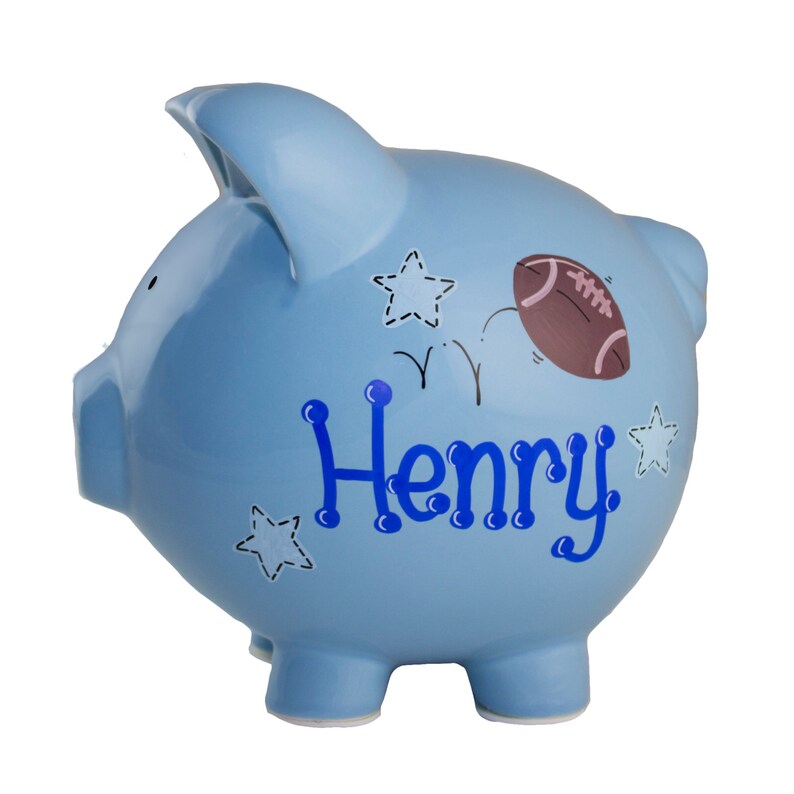 Boy S Blue Piggy Bank Hand Painted Personalized Sports Etsy