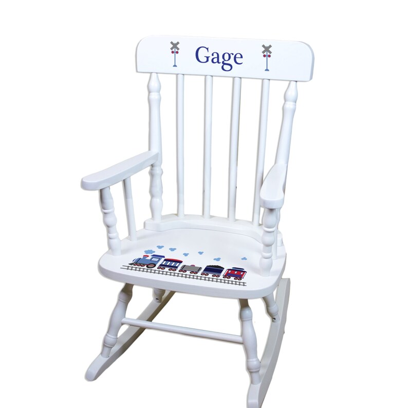 Train Rocking Chair For Boys Personalized Childs White Rocker Trains For Toddlers Custom All Aboard Nursery Boy Bedroom Baby Spinwhi 202
