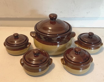 Vintage 5pc Brown Tan Stoneware Soup Tureen Set with Lidded Bowls Microwave Safe