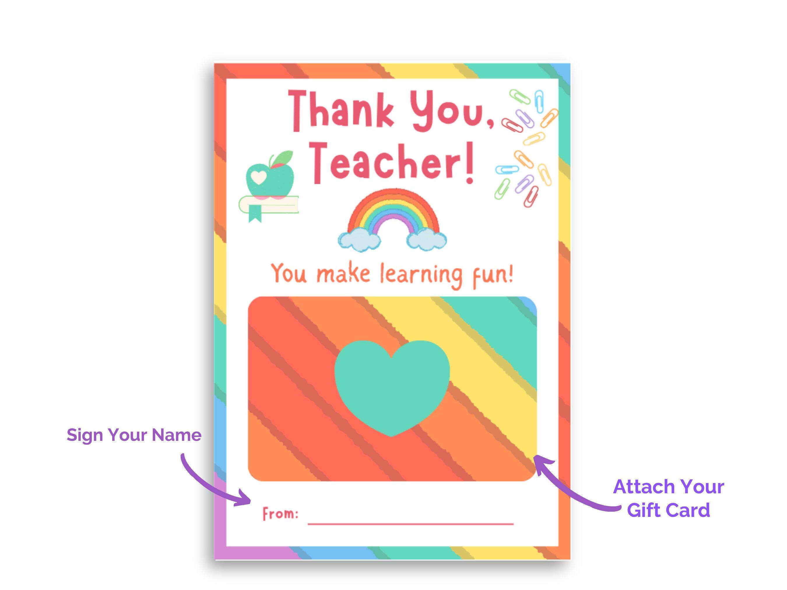 Printable Teacher Gift Card Holder: Rainbow Thank You Card (PDF) - Etsy