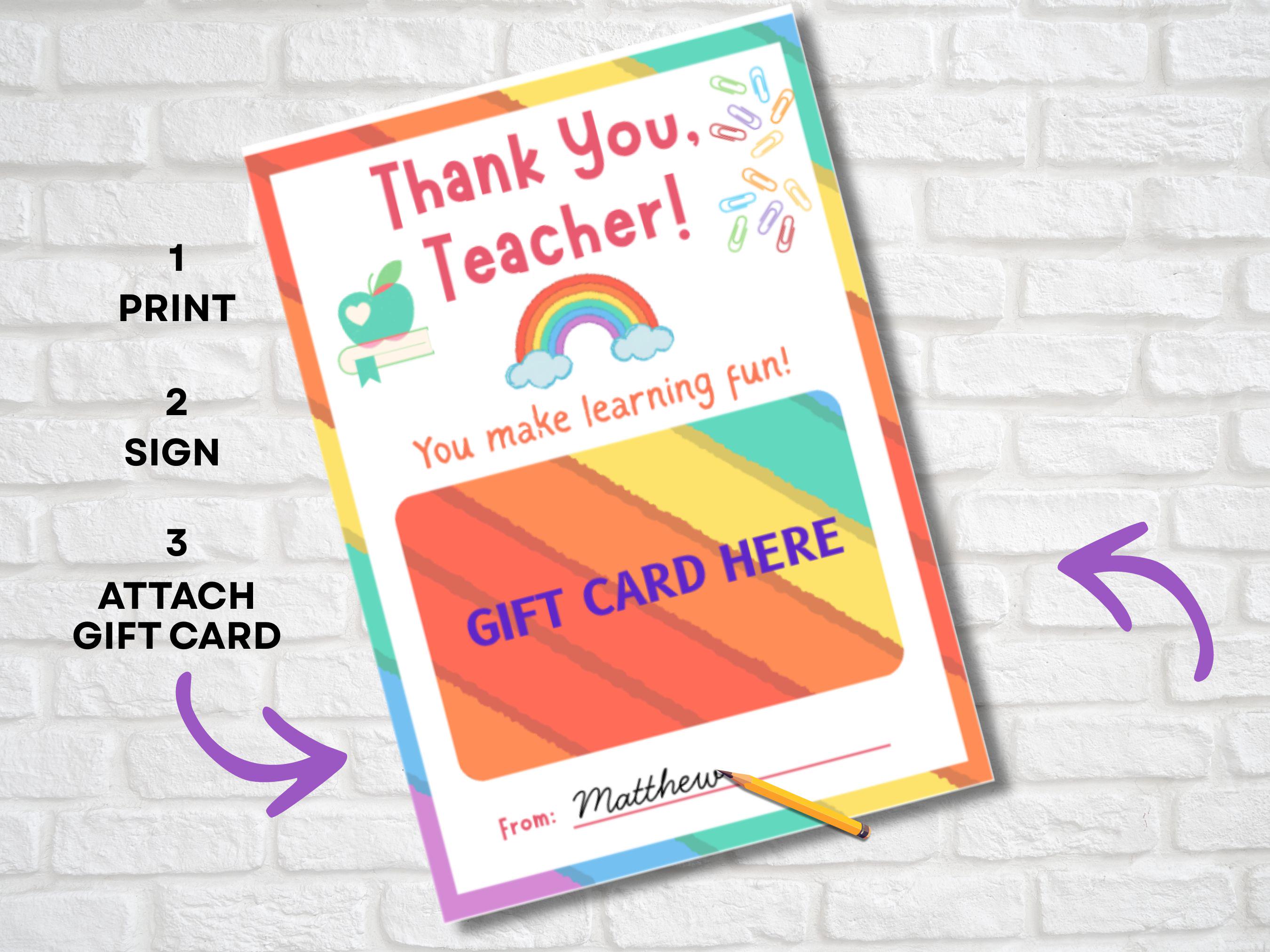 Printable Teacher Gift Card Holder: Rainbow Thank You Card (PDF) - Etsy