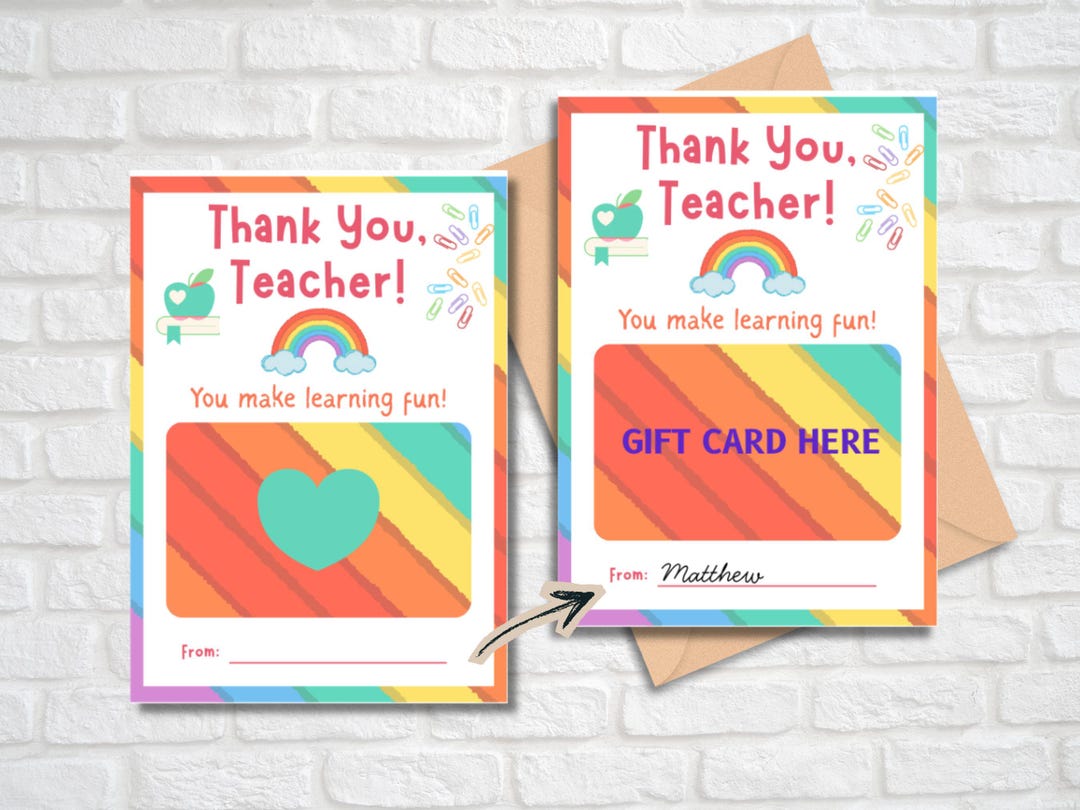 Printable Teacher Gift Card Holder: Rainbow Thank You Card (PDF) - Etsy