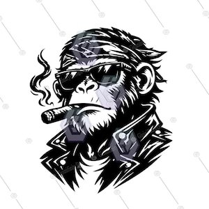 Könnte beinhalten: Schwarz-Weiß-Illustration eines Schimpansen mit Sonnenbrille, Bandana und Lederjacke. Der Schimpanse raucht eine Zigarre, aus der Rauch aufsteigt. Das Bild hat einen kräftigen, grafischen Stil.