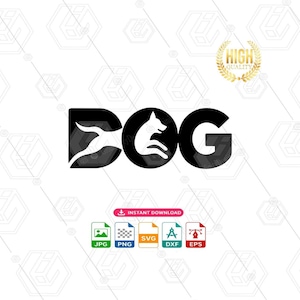 以下が含まれることがあります： 太字のアルファベットでDOGと書かれた黒いグラフィックロゴ。Dの文字には走る犬の白いシルエットが、Oの文字には座っている犬の白いシルエットが描かれています。金色の高品質シールが表示されています。