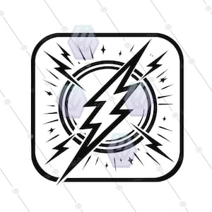 May include: Black and white graphic of a lightning bolt design. The lightning bolt is centered within a square frame with rounded corners. The design includes a circular element and radiating lines and stars.