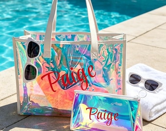 Personalized Holographic Beach Tote Bag,Bridesmaid Makeup Bag,Bachelorette Party Favors, Girls Trip Gift Idea,Iridescent Beach Bag Sets