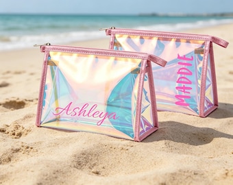 Bolso de playa personalizado, neceser holográfico, regalo personalizado para despedida de soltera, bolsos para viaje de chicas, regalo para damas de honor, organizador de maquillaje rosa