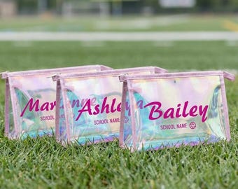 Neceser deportivo iridiscente personalizado: estuche personalizado con la mascota de la escuela para el día del partido, regalo personalizado para mamás animadoras, accesorio deportivo holográfico.