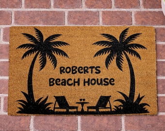 Felpudo personalizado para casa de playa, felpudo costero personalizado, felpudo de bienvenida con palmeras, decoración para alquiler vacacional, felpudo de verano para el porche.