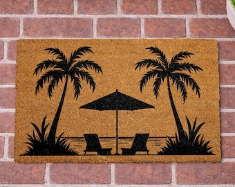 Felpudo playero costero, felpudo de bienvenida con palmeras, felpudo tropical, alfombra de entrada para casa de vacaciones, decoración para casa de playa de Airbnb, felpudo de verano para el porche.