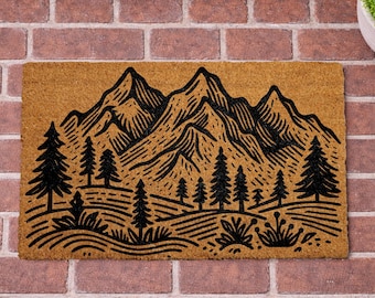 Felpudo con paisaje de montaña, felpudo rústico de fibra de coco con motivos naturales, felpudo con escena de bosque, alfombra de exterior con grabado, regalo para decoración de cabañas.