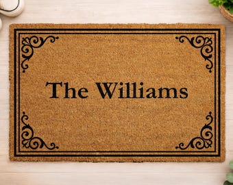 Personalized Doormat with Double Border, Custom Family Name or Text Coir Mat, Elegant Front Door Decor