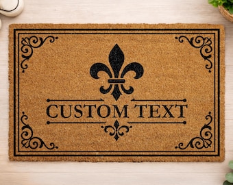 Personalized Fleur De Lis Doormat, Custom Family Name Door Mat, French Country Coir Mat, Last Name Welcome Mat, Classic Front Door Rug